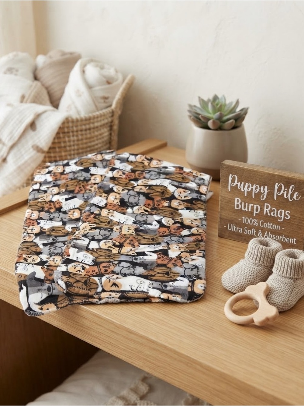 Puppy Print Baby Burp Rags - Neutral Multi